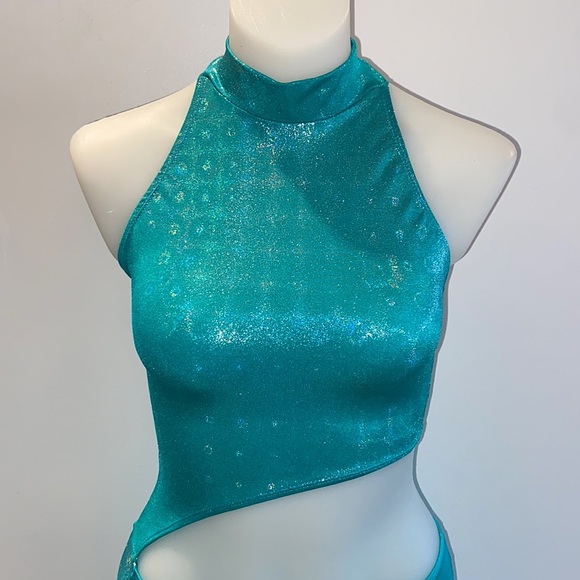 Aqua Holographic Wide leg Cutout Jumpsuit - Picture 3 of 15